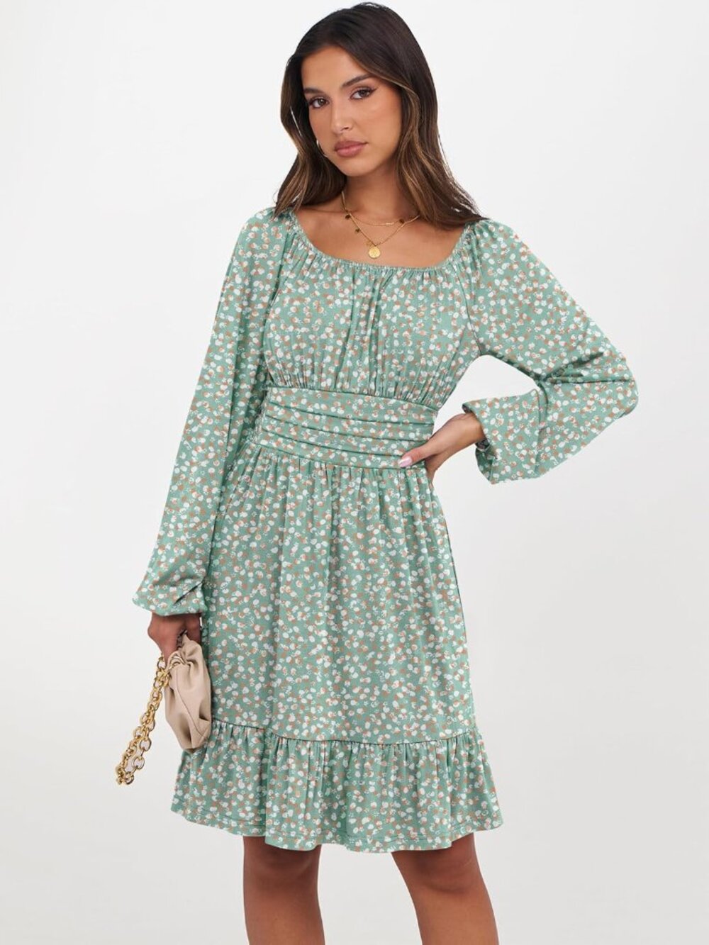 Women's Orange White Long Lantern Sleeve Ruffle Flowy Swing A-Line Short Dress - Picture 2 of 6